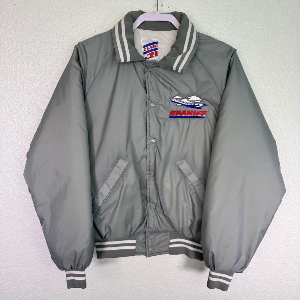 Vintage Braniff Jacket Mens Large Bomber Snap Quilted Airline 80s Gray Club 21